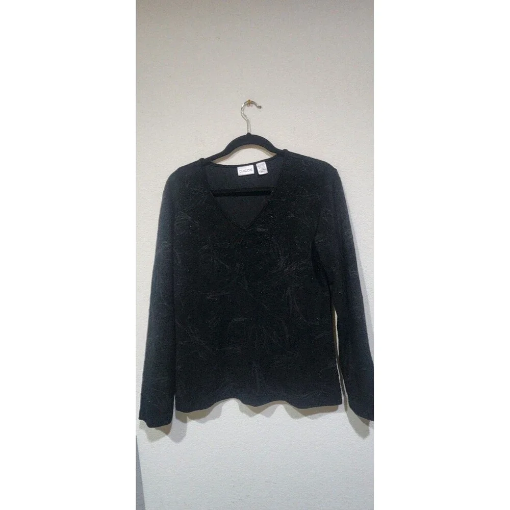 Chico’s Size 1  Black W/Silver Sparkles V-Neck  Sweater, long sleeves